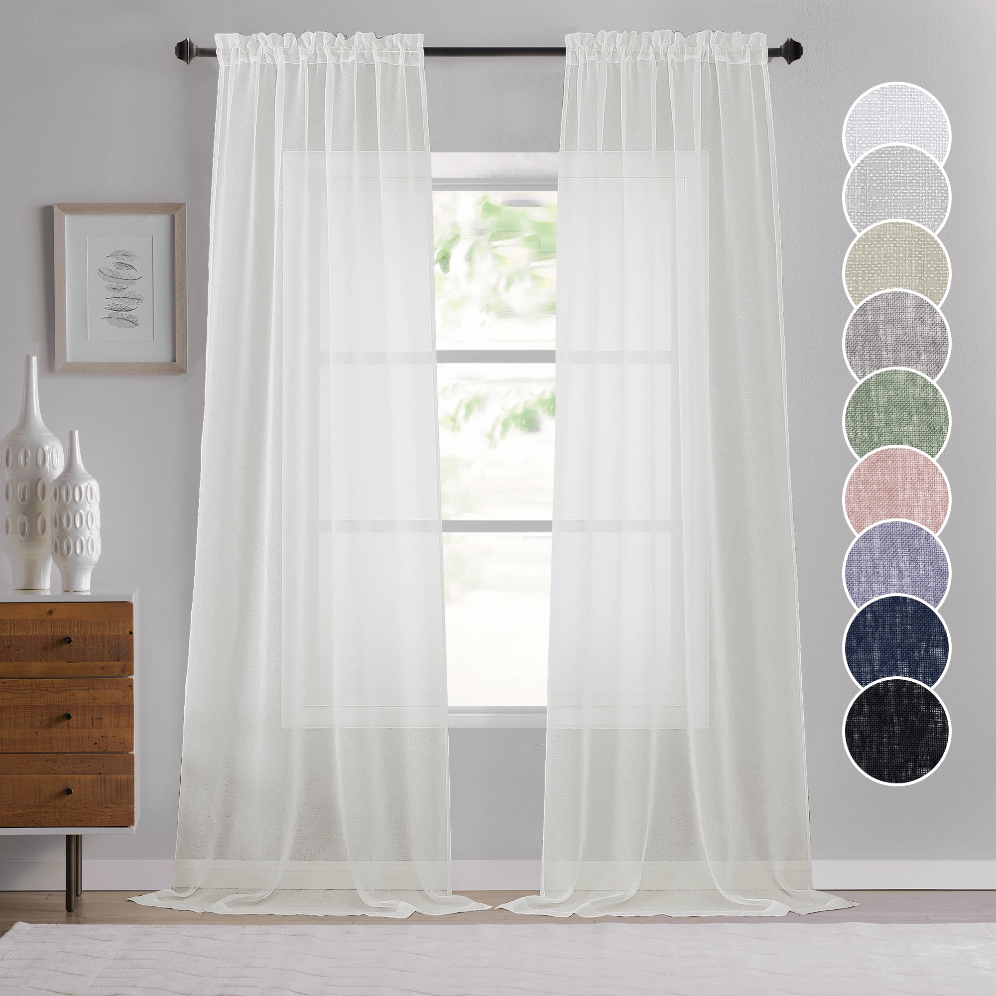 OVZME Dolly Faux Linen Sheer Curtains, Ivory, Rod Pocket, Light Filtering, 40 x 96 in (2 Panels ...