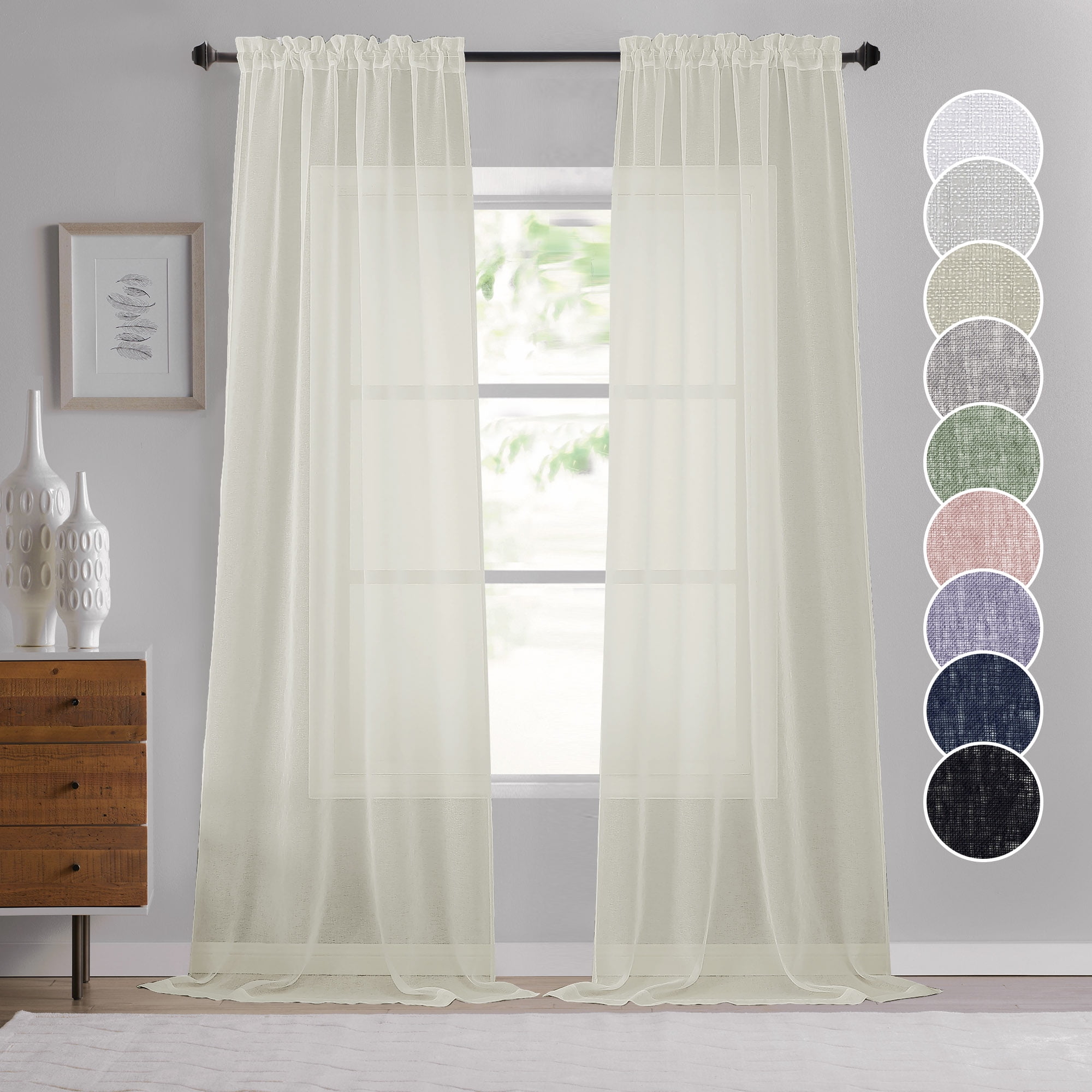 OVZME Dolly Natural Linen Sheer Curtains 96 Inches Long, Textured Semi