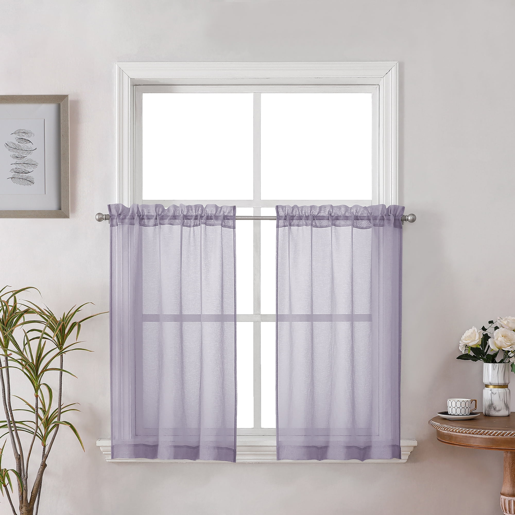 OVZME Dolly Purple Sheer Curtains 2 Pieces 36 Inches Long, Kitchen Small  Window Lavender Faux Linen Curtain Tiers Texture Drapes Dual Rod Pockets  Home Decor for Bedroom Living Room, 30x36 Inch - Walmart.com, image size:2000x2000