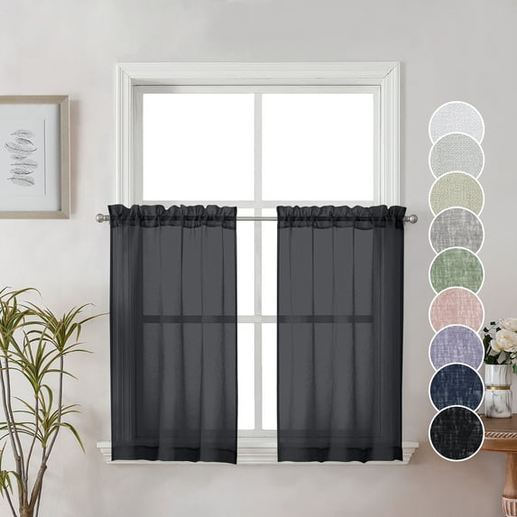 OVZME Dolly Sheer Black Curtains Tiers 36 Inches Long 2 PCS, Cafe Bedroom Living Room Snow Texture Faux Linen Sheer Curtain with Dual Rod Pockets Small Window Kitchen Drapes & Tiers, 30W x 36L