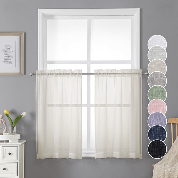 OVZME Dolly Sheer Natural Curtains 2 Pieces 36 Inches Long, Kitchen Small Window Faux Linen Curtain Tiers Texture Drapes Dual Rod Pockets Home Decor for Bedroom Living Room, 30x36 Inch