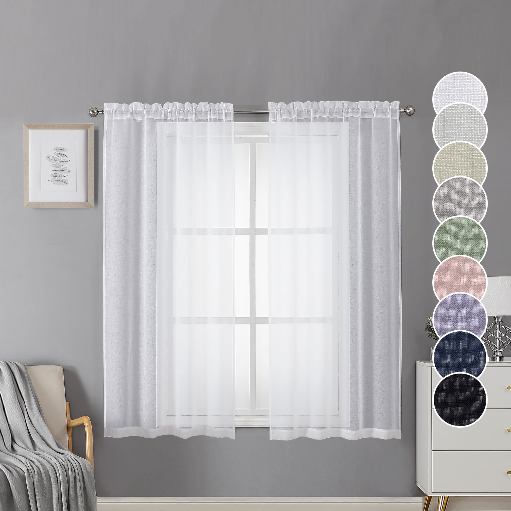 OVZME White SemiSheer Curtains, Dual Rod Pockets, 2 Panels, 30W x 54L