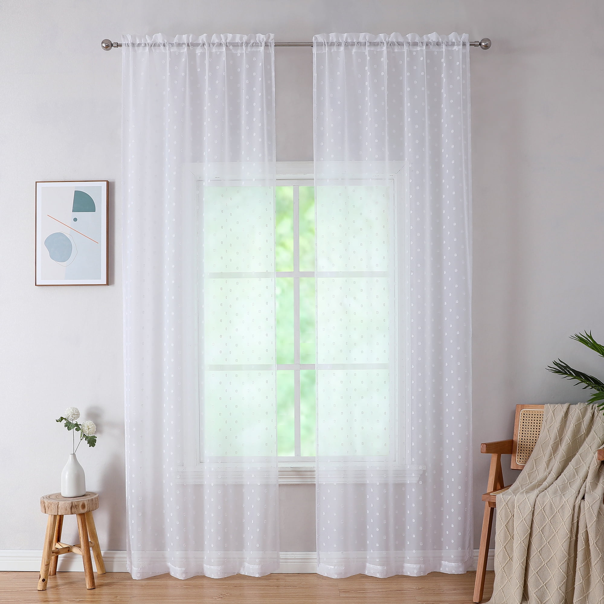 OVZME White Sheer Curtains, 96 Inches, 2 Panels, Light Filtering, Rod