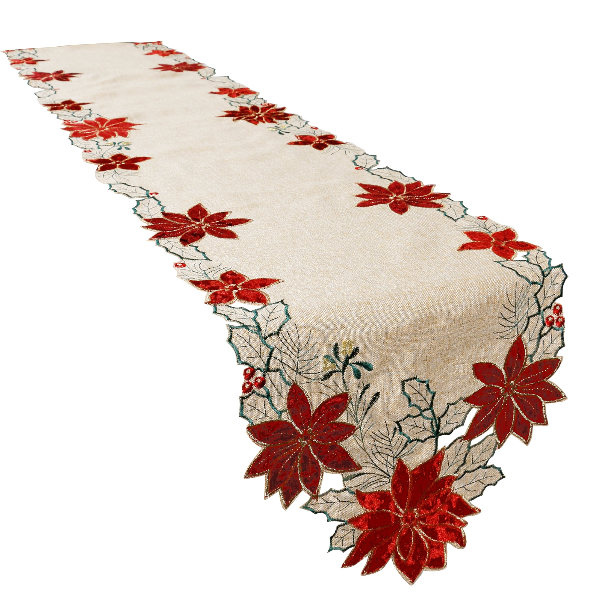 OVZME Embroidered Christmas Table Runner Red Poinsettia Table Linens