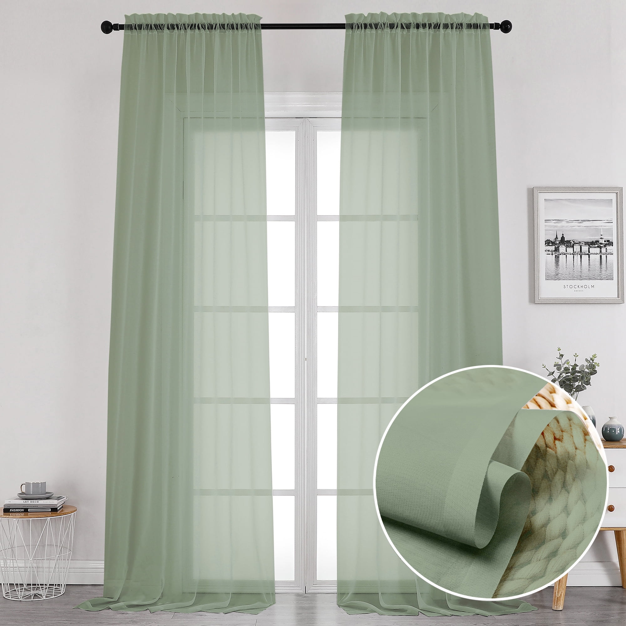 OVZME Extra Long Sheer Curtains, Elegant Semitransparent 2 Panels, 120 inch Length, Sage Green