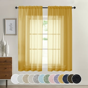 OVZME Faux Linen Gold Sheer Curtains 63 Inches Length 2 Panels Rod Pocket Window Sheers Drapes Transparent Semi Sheer Curtain for Bedroom Girls Room Decor Living Room, 40W x 96L inch Gold
