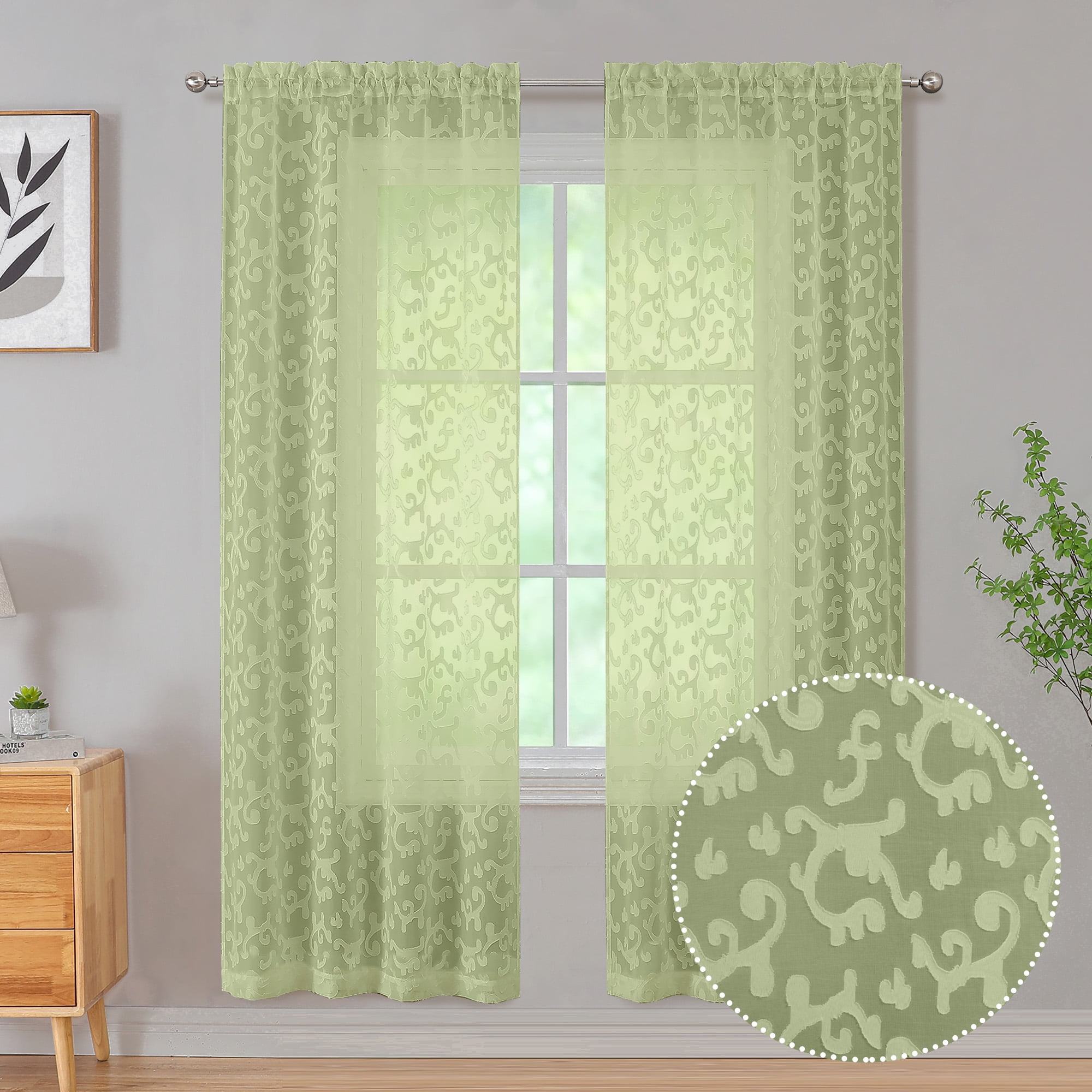 OVZME Green Clip Sheer Curtains 72 Inches Long, Dual Rod Pockets Airy Window Treatments Door Curtain(图1)