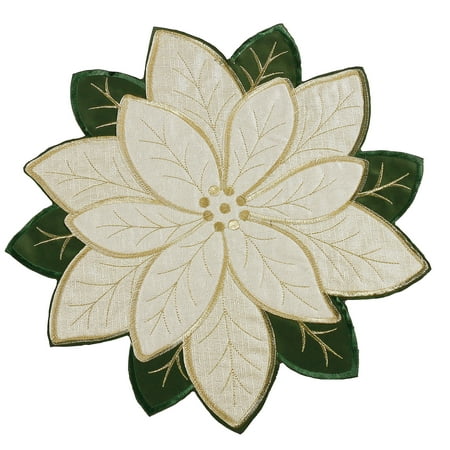 OVZME Holiday Christmas Placemats Set of 4, Embroidered Gold Velvet Poinsettia Cutwork Applique Christmas Table Decorations for XMAS Home&Kitchen Round Placemats, 17X17Inch Gold&Green