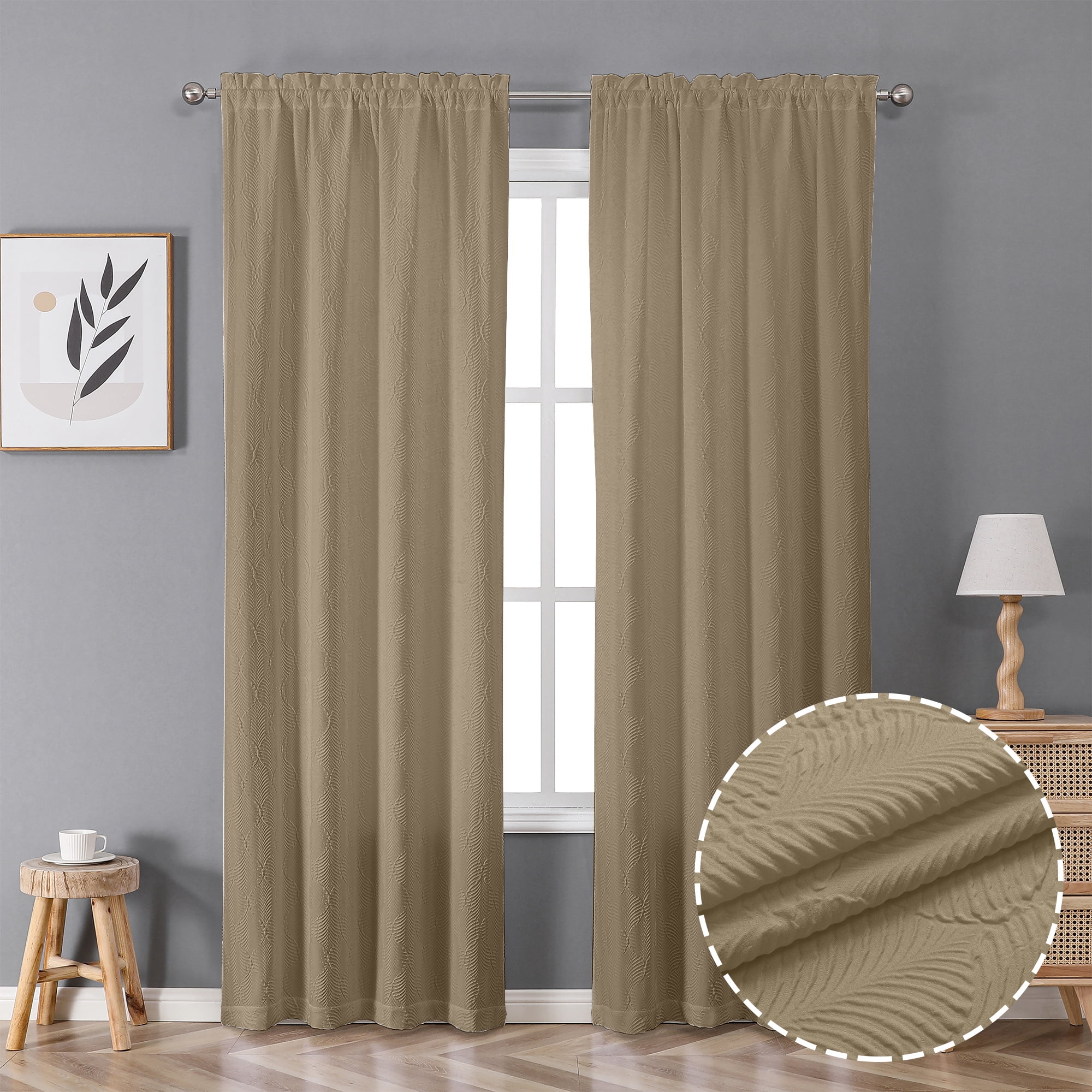 Better Homes & Gardens Taupe, & Stitch Open Solid 74x63 Sheer Piece & 4 Taupe Curtain Panel Set