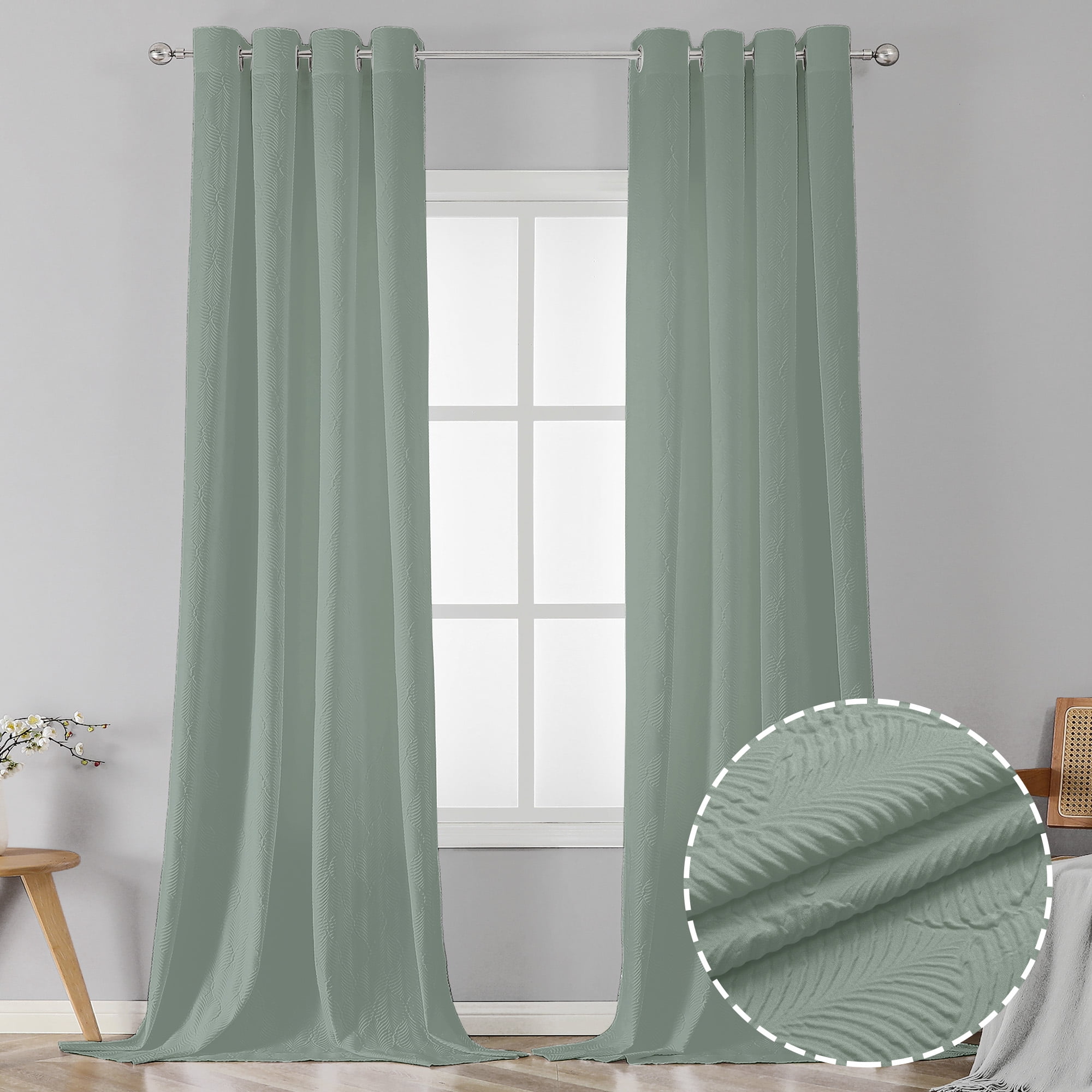 OVZME Ivy Extra Long Green Room Darkening 3D Embossed Curtains Set of 2 ...
