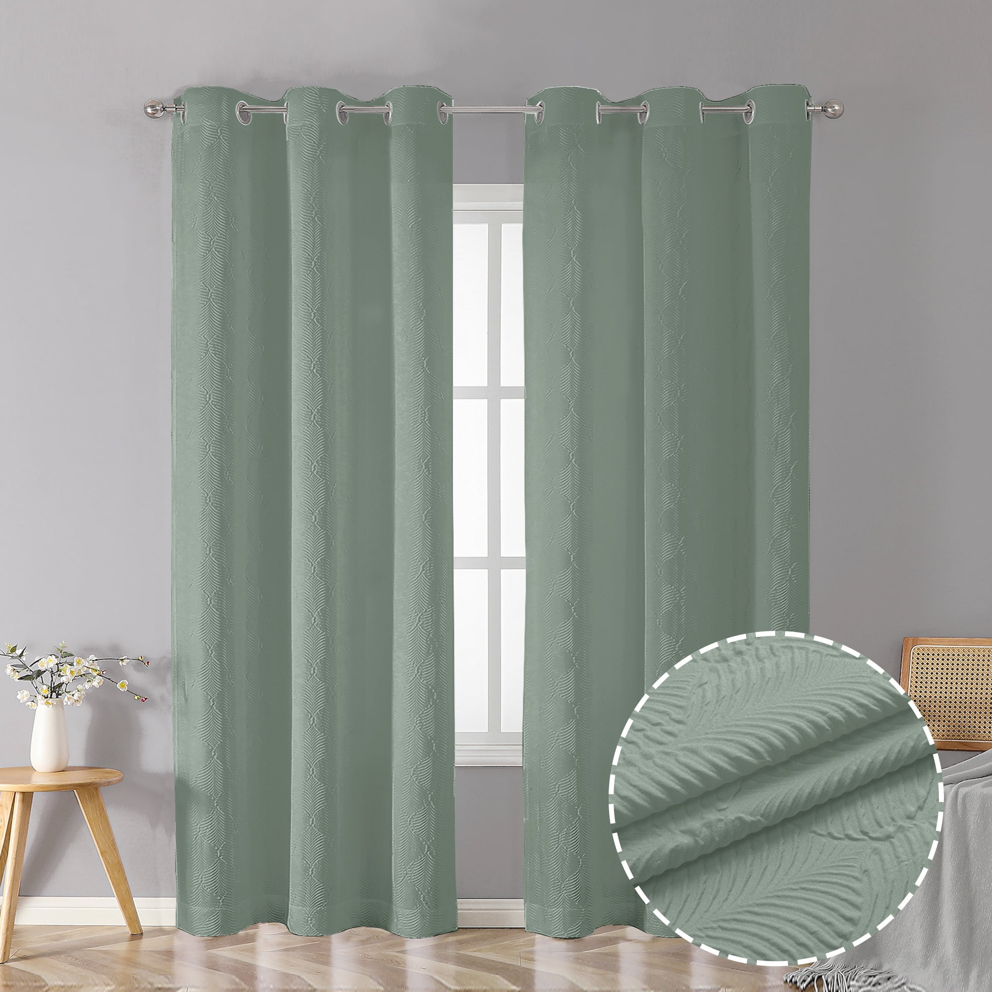 OVZME Ivy Room Darkening Green Curtains 84 Inch Length 2 Panels for Bedroom,3D Embossed Leaf Textured Soft Thick Curtains Grommet Semi Light Filtering Drapes for Living Room, Sage Green 38"Wx84"L
