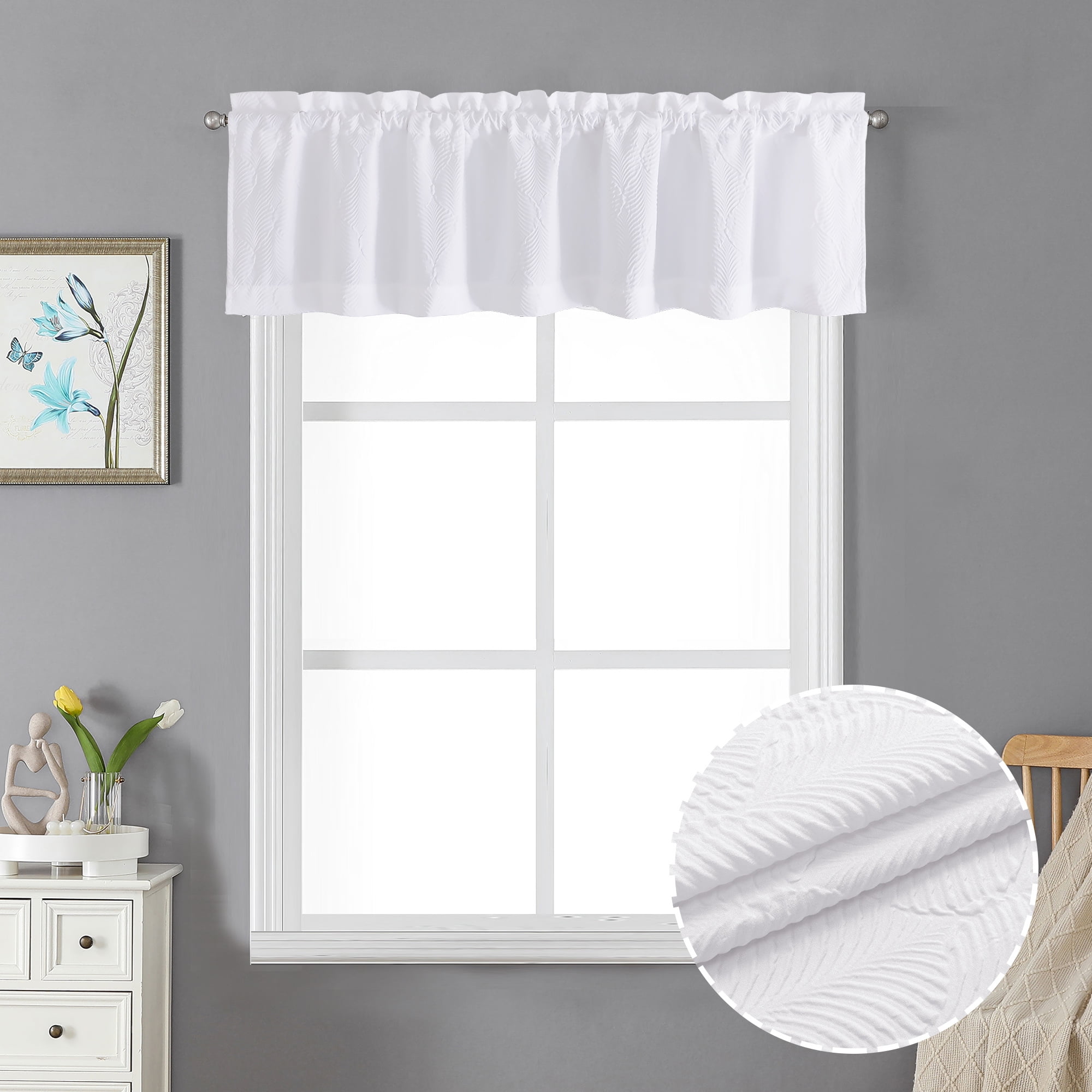 OVZME White 3D Embossed Valance Dual Rod Pocket Curtain For Various   OVZME Ivy White 3D Embossed Valances Windows Small Window Kitchen Decor Living Room Bathroom Cafe Laundry Basement Modern Boho Top Dual Rod Pocket Cu A1af8c06 5dae 43c6 952e 4b03f0947d15.b5a2ee25fcfc62479e1e1eb106c29408 