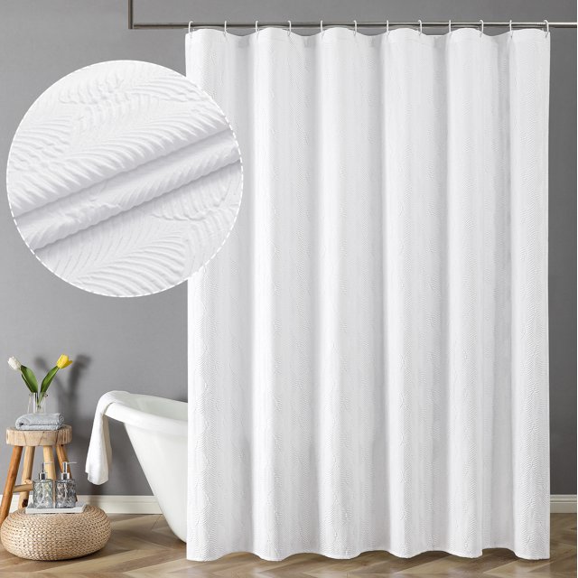 OVZME Ivy White Shower Curtain, 3D Embossed Leaf Textured Fabric Shower