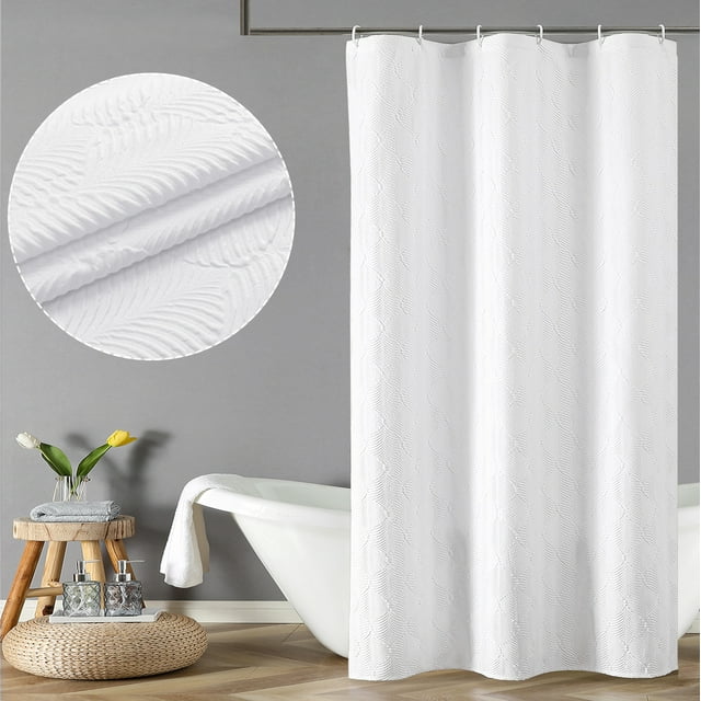 OVZME Ivy White Shower Curtain for Bathroom, 3D Embossed Leaf Polyester