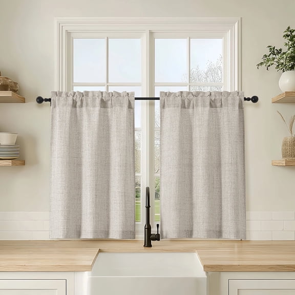 OVZME Judy 2 Panels Linen Cafe Curtains 36 Inch Length, Thick Textured Small Kitchen Curtains Over Sink, Short Tiers for Bathroom Basement Cabinet RV Camper, 30x36 Inch, 2PCS