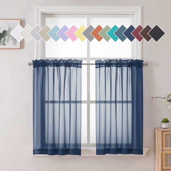 OVZME 42x36 Navy Blue Sheer Curtains 2 Pack, 36 Inch Long Short Cafe Curtain Tiers for Kitchen Laundry Small Windows, Each 42Wx36L