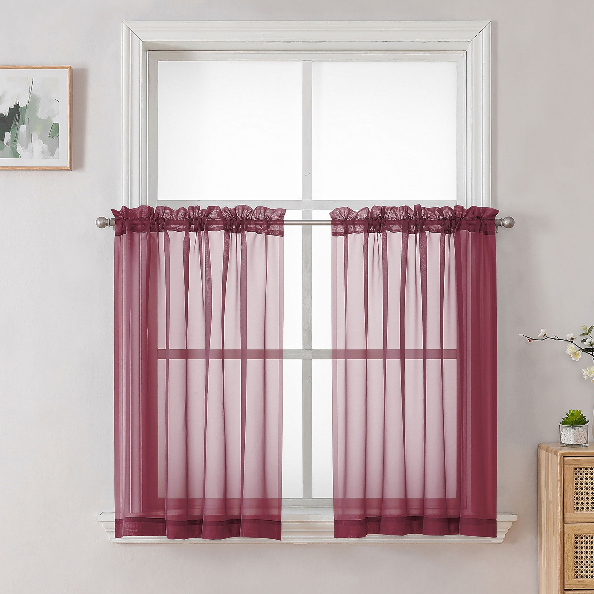 OVZME Kitchen Sheer Window Curtains 2 Panels Set, Top Dual Rod Pocket ...