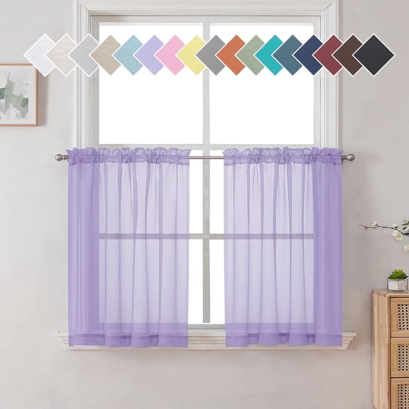 OVZME 42x24 Lavender Sheer Curtains 2 Pack, 24" Long Short Cafe Curtain for Kitchen Bathroom, Light Filtering Soft Voile, Each 42Wx24L Inch