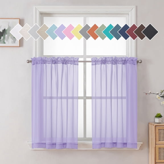 OVZME 42x36 Lavender Sheer Curtains 2 Pack, 36 Inch Long Short Cafe Curtain Tiers for Kitchen Laundry Small Windows, Each 42Wx36L