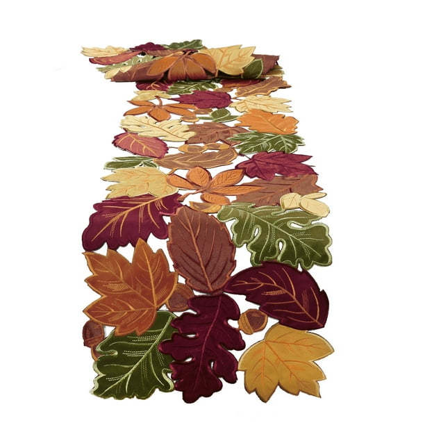 OVZME Leaf Embroidered Extra Long Table Runner for Thanksgiving Decor Cutwork with Applique ...