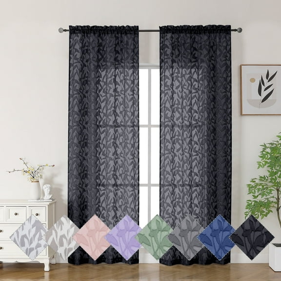 OVZME Leila Black Sheer Curtains 84 Inches Long Set of 2, Light Filtering Leaves Jacquard Window Curtains for Living Room Bedroom, Each 40Wx84L Inch, Black