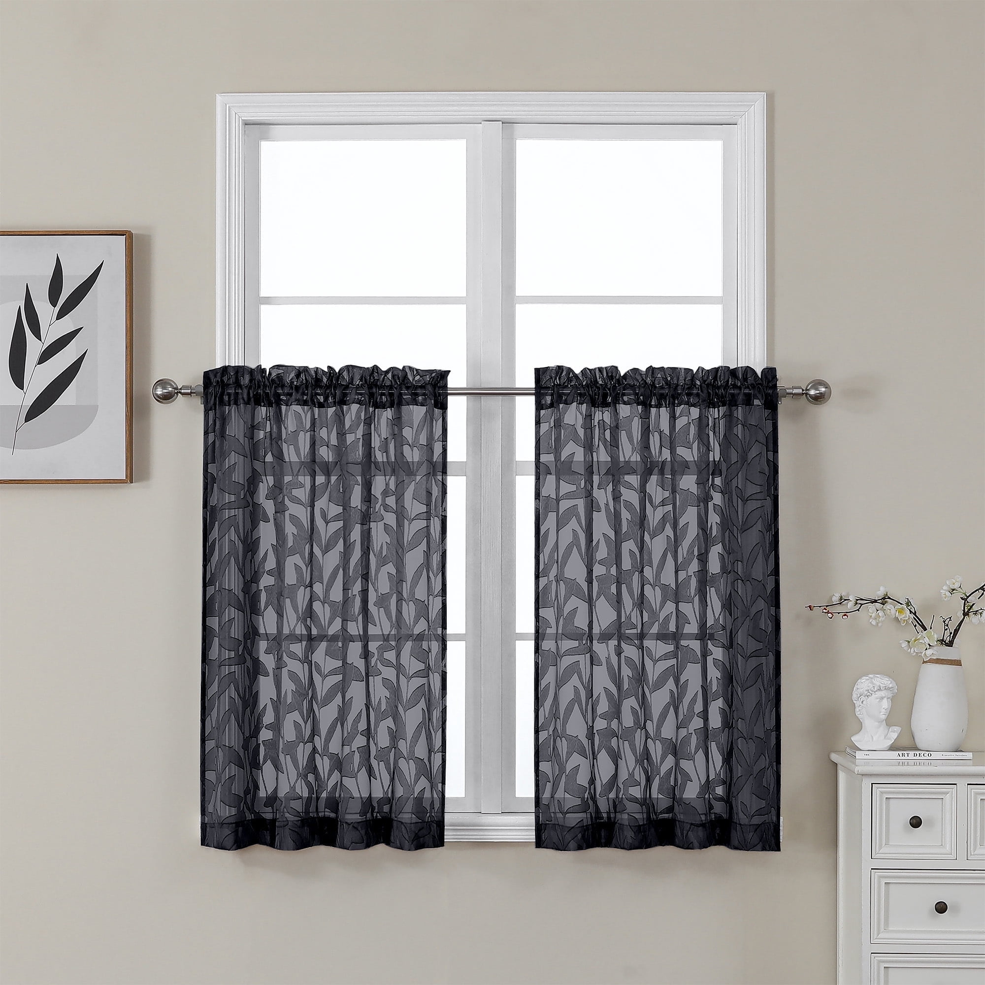 OVZME Leila Black Sheer Kitchen Curtains 36 Inches Long 2 Panels Set, Light Filtering Jacquard Sheer Tiers, Small Windows Curtains with Dual Rod Pocket, 40W x 36L Inch, Black