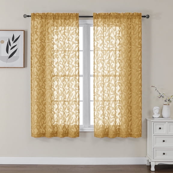 OVZME Leila Sheer Gold Curtain 63 Inch Length 2 Panels Set, Soft Small Window Curtain with Clip Leaf, Rod Pocket Cortinas Para Ventanas Panels for Bedroom Living Room, 40Wx63L Inch, Gold