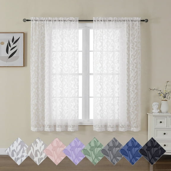 OVZME Leila Ivory Sheer Curtains 54 Inch Long 2 Panel Set, Light Filtering Privacy Window Curtains for Bedroom, Leaf Pattern Farmhouse Short Curtains for Living Room, 40Wx54L Inch, Ivory