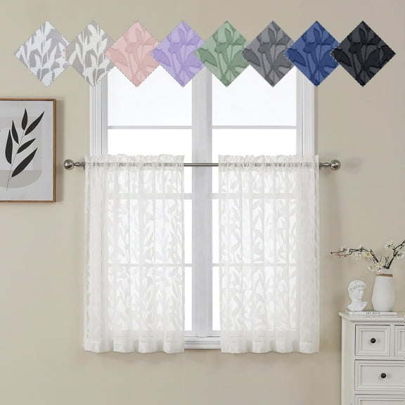 OVZME Leila Ivory Curtain Sheers 36 Inches Long 2 Panel Set, Leaf Jacquard Clip Textured Small Window Curtains for Bedroom, Light Filtering Solid Farmhouse Rod Pocket Drapes, Each 40Wx36L Inches