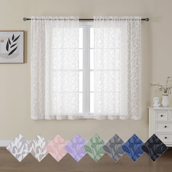 OVZME Leila Ivory Sheer Curtains 45 Inch Length 2 Panels Set, Leaf Jacquard Textured Dorm Decor Rod Pocket Light Filtering Curtains for Living Room Bedroom, Each 40"Wx45"L, Ivory