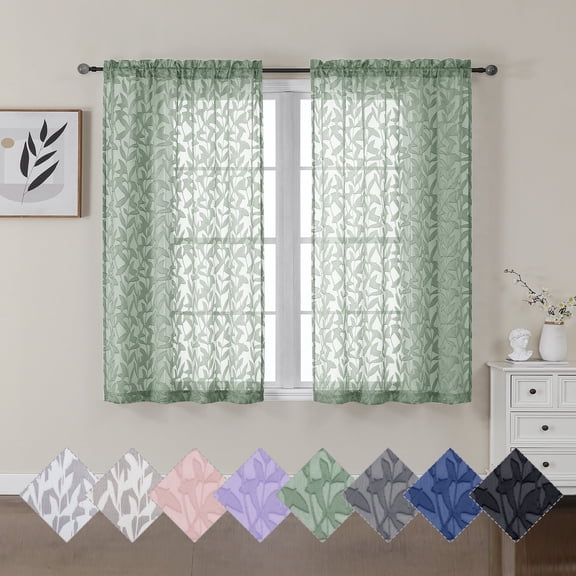 OVZME Leila 2 Panels Sage Green Sheer Kitchen Curtains 45 Ince Length, Light Filtering Textured Leaf Jacquard Short Curtains for Kitchen Bedroom Living Room with Rod Pocket, 40Wx45L Inch, Sage