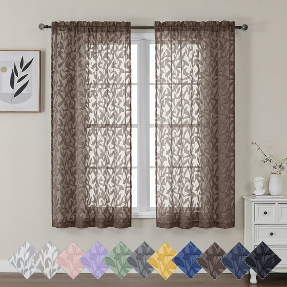OVZME Leila Chocolate Sheer Curtains 63 Inch Long 2 Panels, Leaf Jacquard Textured Window Treatments, Short Curtains for Living Room Bedroom with Rod Pocket, W40XL63 Inch Chocolate
