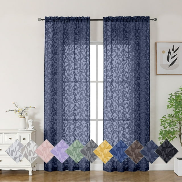 OVZME Leila Sheer Curtains 84 Inches Long 2 Panels Set, Light Filtering Solid 3D Leaves Textured Jacquard Window Curtains for Bedroom, Double Rod Pockets Window Drapes, Each 40Wx84L Inch Navy Blue
