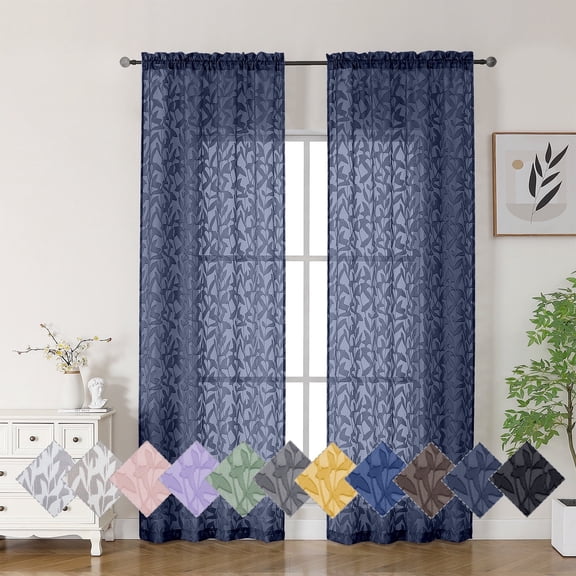 OVZME Leila Navy Blue Sheer Curtains 84 Inches Long 2 Panels, Light Filter Soft Airy Textured Jacquard Window Treatments for Bedroom Living Room, with Dual Rod Pocket, Each 40Wx84L Inch, Navy Blue