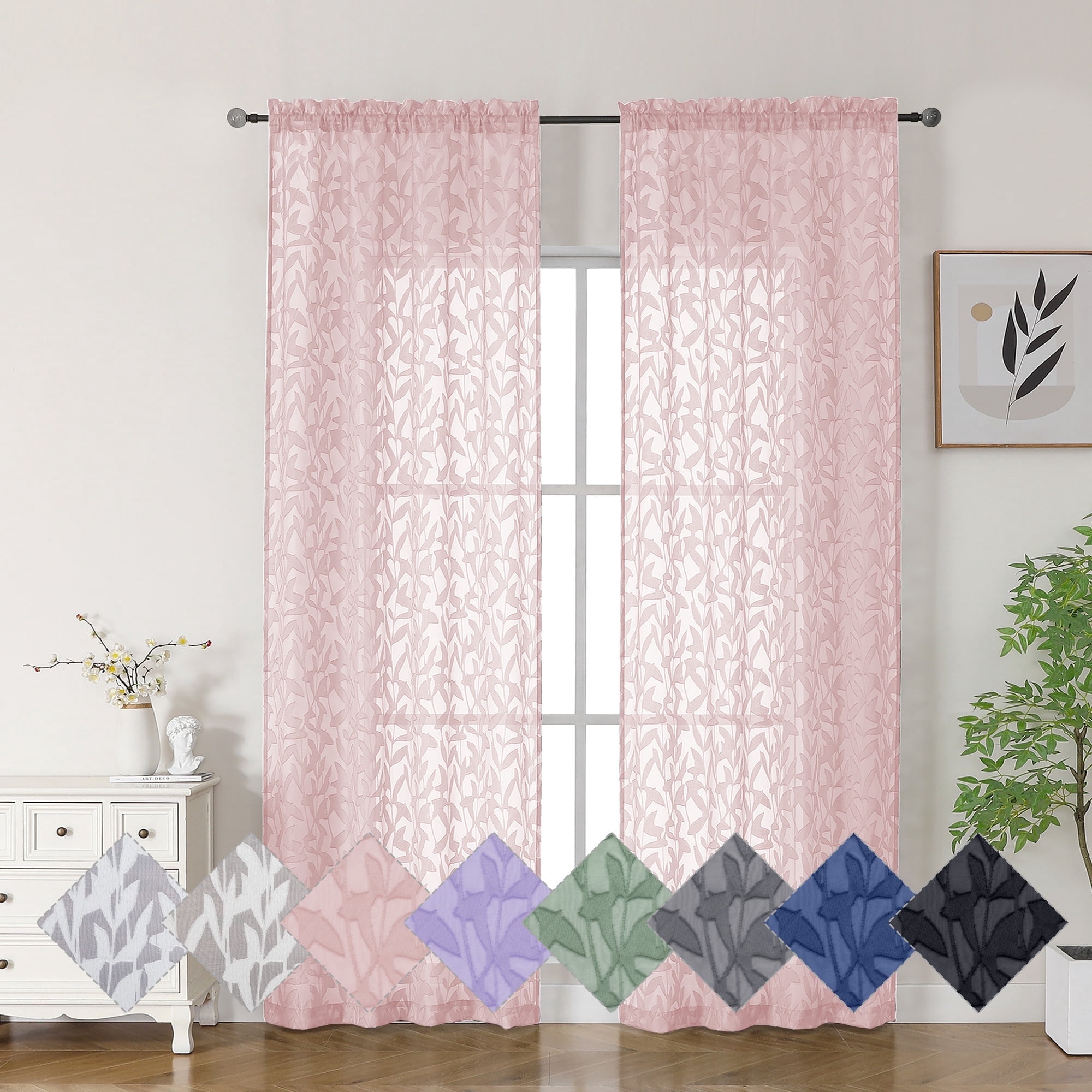 OVZME Leila Blush Pink Sheer Curtains 84 Inches Long 2 Panels Set, Light Filtering Leaves Jacquard Window Curtain Drapes for Living Room Bedroom, Each 40Wx84L Inch， Blush Pink