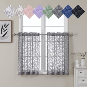 OVZME Leila Charcoal Grey Sheer Curtains 36 Inch Long 2 Panel Set, Light Filtering Privacy Window Curtains for Bedroom, Leaf Pattern Farmhouse Short Curtains for Living Room, 40Wx36L Inch, Grey