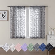 OVZME Leila Charcoal Grey Sheer Curtains 45 Inch Length 2 Panels Set, Light Filtering Textured Leaf Jacquard Small Window Curtain for Living Room Bedroom Rod Pocket, Each 40"Wx45"L, Charcoal Grey