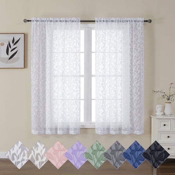 OVZME Leila White Curtain Sheers 54 Inches Long 2 Panel Set, Leaf Jacquard Clip Textured Small Window Curtains for Bedroom, Light Filtering Solid Farmhouse Rod Pocket Drapes, Each 40Wx54L Inches