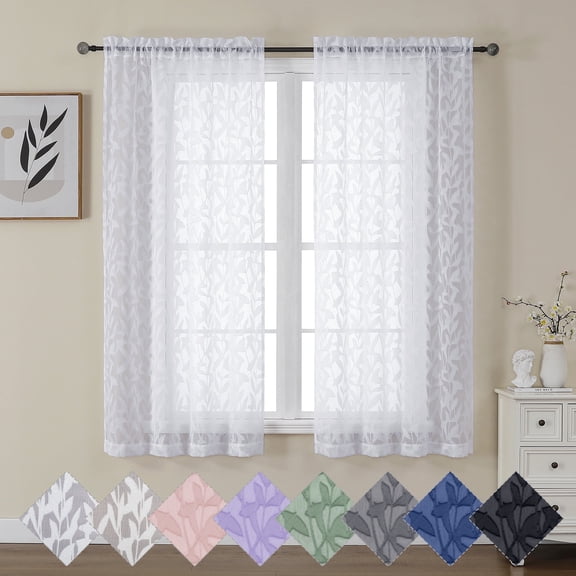 OVZME Leila White Sheer Curtains 63 Inch Long 2 Panels, Leaf Jacquard Textured Rod Pocket Short Curtains for Living Room Bedroom Nursery Window Drapes, 40"Wx63"L Inch, White