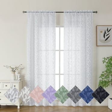 OVZME Leila White Sheer Curtains 84 Inches Long 2 Panels, Light Filtering Solid 3D Leaf Textured Jacquard Drapes & Curtains for Living Room Bedroom with Top Rod Pocket, Each 40Wx84L Inch, White