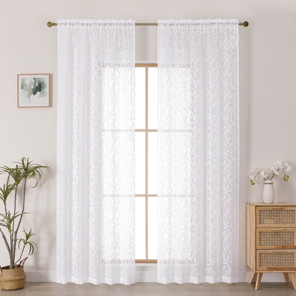 OVZME Leila White Sheer Curtains 90 Inches Long 2 Panels, Textured Jacquard Leaf Pattern Farmhouse Door Curtains for Living Room, Bedroom, Bathroom, Each 52Wx90L Inch, White