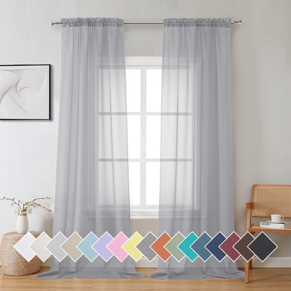 OVZME 42x96 Light Grey Sheer Curtains 2 Pack, 96" Extra Long for High Ceiling Living Room, Light Filtering Rod Pocket Voile Curtain, Each 42"Wx96"L