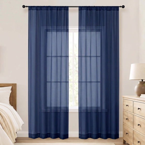 OVZME Navy Blue Sheer Curtain 2 Panels 96 Inch Length, Rod Pocket Extra Long Voile Window Drapes for High Ceiling Floor to Ceiling, Each 42"Wx96"L