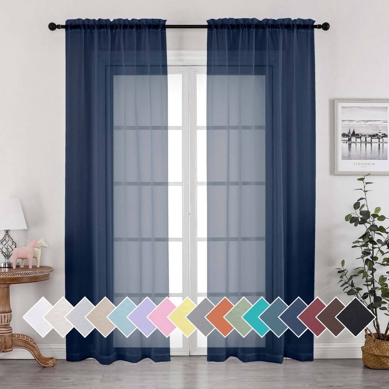 OVZME Navy Blue Sheer Curtain Panels 84 inch length 2 Panels, Top Dual Rod Pockets Solid Voile Drapes Window Treatment for Kid's Room/Bedroom/Living Room, Each 42W x 84L