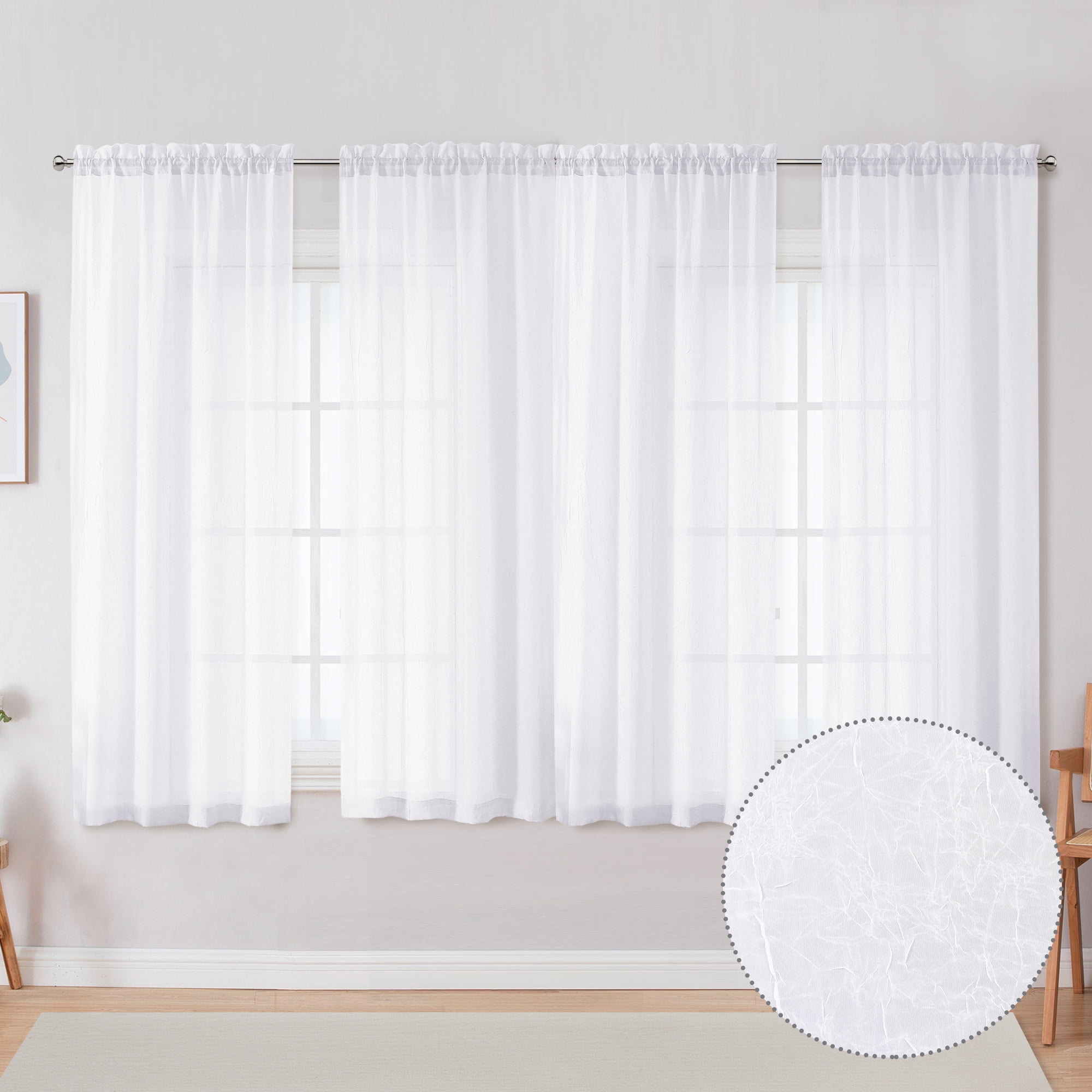 OVZME Olivia Crushed White Sheer Curtains 63 inches Length 4 Panels Set, Rod Pocket Light Flitering Semi Sheer Window Drapes for Living Room/ Bedroom, W40"xL63"