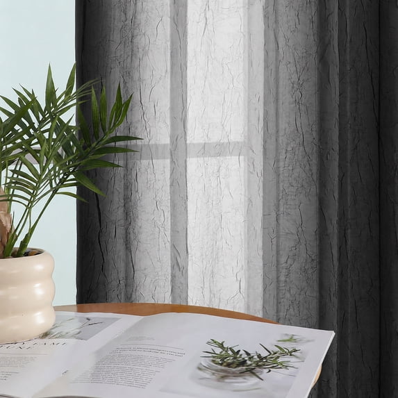 OVZME Black Ombre Print Crushed Sheer Curtains 84 Inch 2 Panels, Light Filtering Window Drapes for Living Room Bedroom, Rod Pocket, Each 42Wx84L Inch
