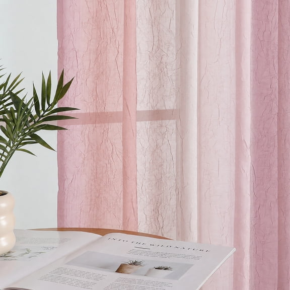 OVZME Blush Pink Ombre Print Crushed Sheer Curtains 63 Inch Length 2 Panels, Rod Pocket Light Filtering Window Drapes for Kitchen Bedroom Living Room, Each 42x63 Inch