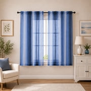 OVZME Cyan Blue Ombre Print Crushed Sheer Curtains 63 Inch Length 2 Panels, Rod Pocket Light Filtering Window Drapes for Kitchen Bedroom Living Room, Each 42x63 Inch