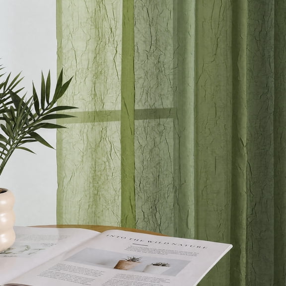 OVZME Sage Green Ombre Print Crushed Sheer Curtains 63 Inch Length 2 Panels, Rod Pocket Light Filtering Window Drapes for Kitchen Bedroom Living Room, Each 42x63 Inch