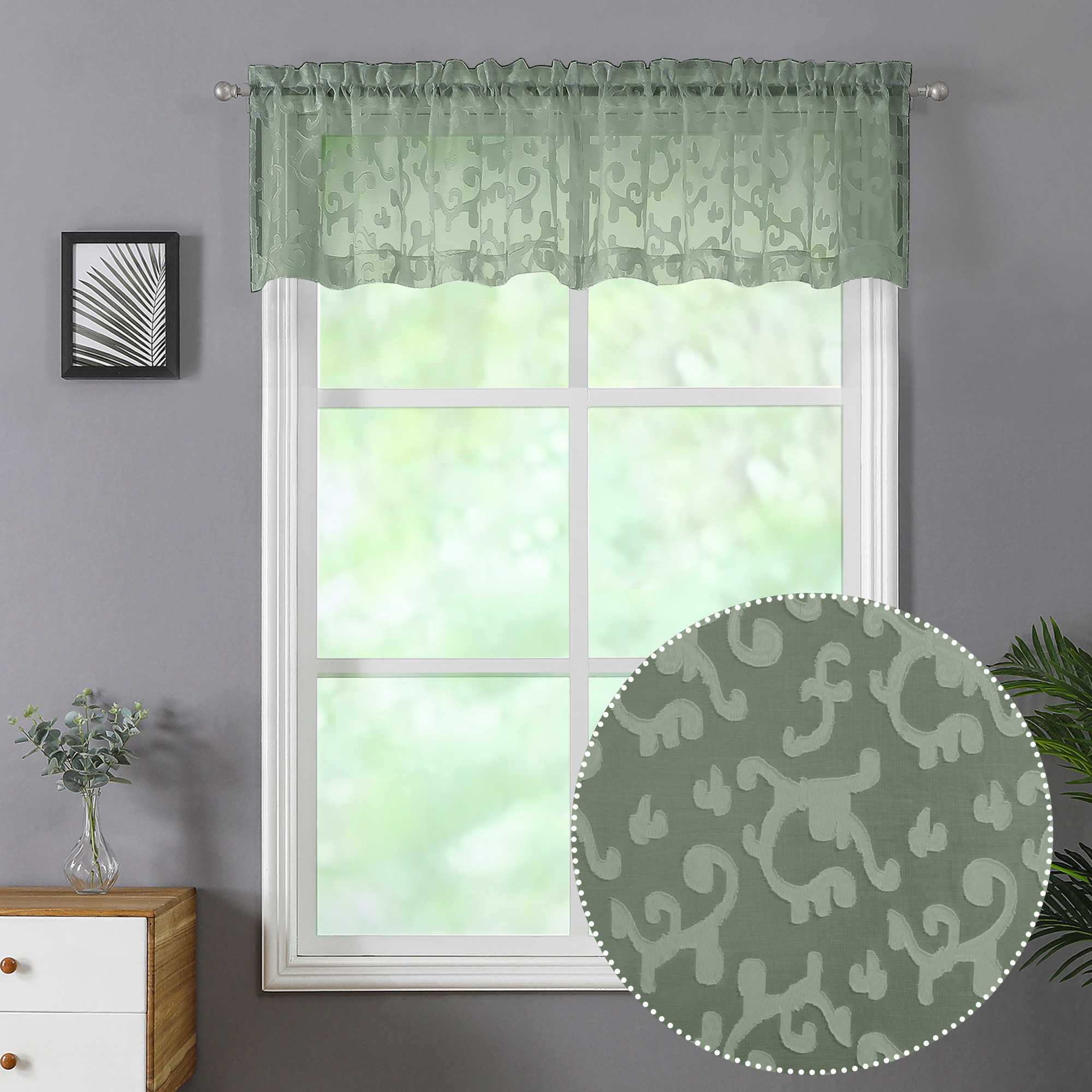 OVZME Sage Green Sheer Kitchen Curtains and Valances Sets, Clipped